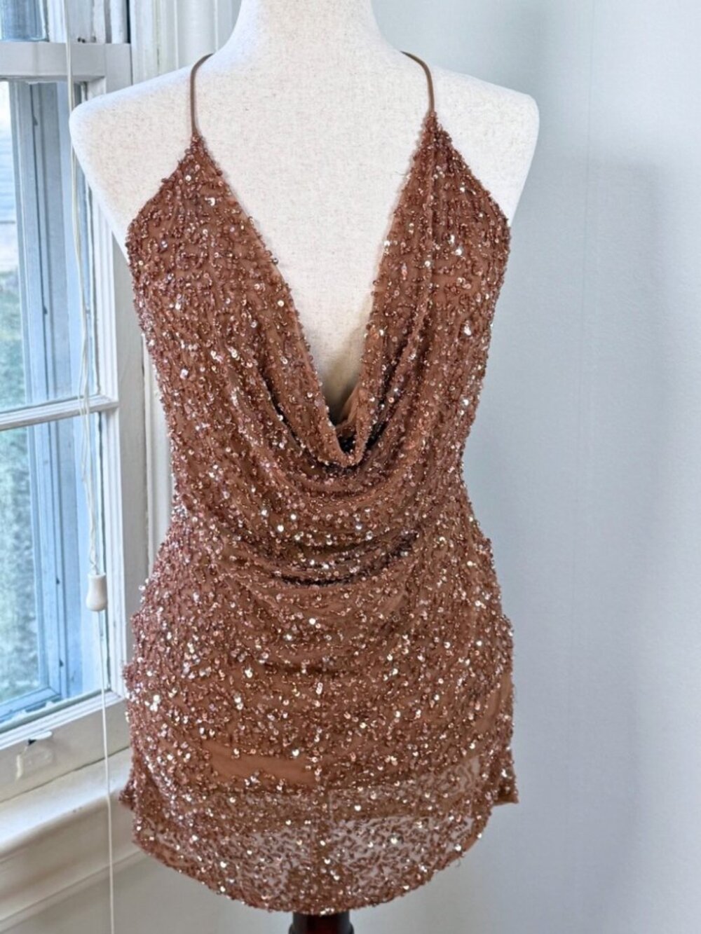 Retrofete Brown Sequin Cowl Neck Mini Dress